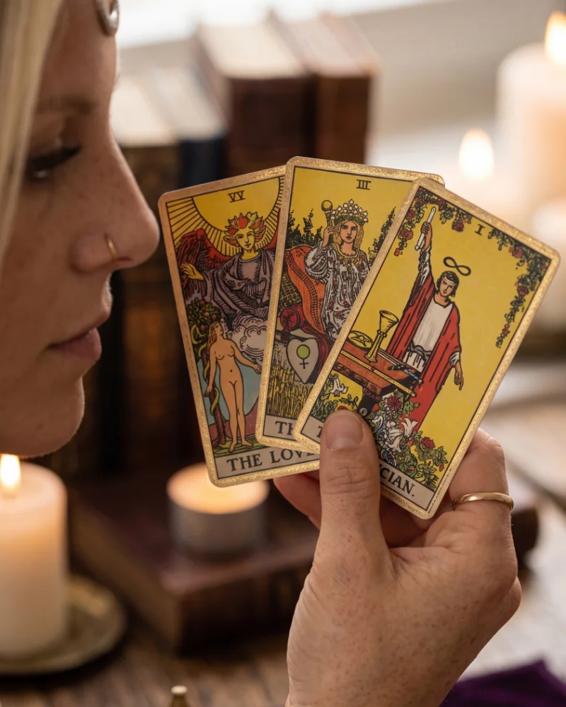 Detalle de las manos de Angie sosteniendo tres cartas del tarot a la luz de las velas