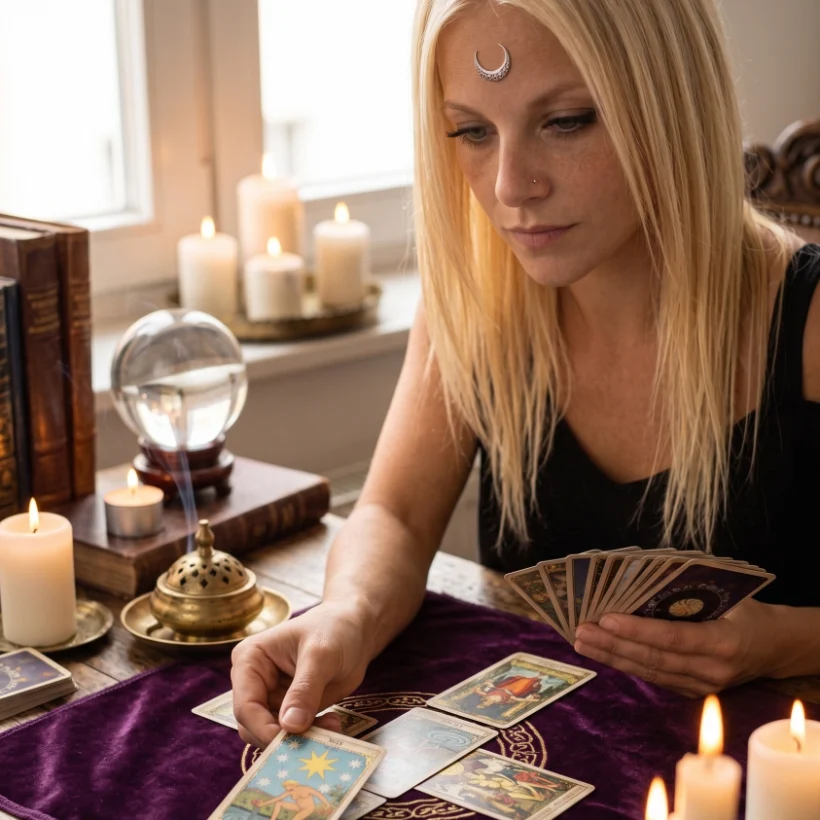 Angie realizando una lectura de tarot sobre un tapete de terciopelo